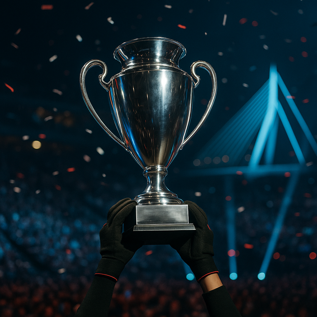 Fotorealistyczne zbliżenie trofeum e-sportowego uniesionego przez zawodnika w czarno-czerwonych rękawicach na scenie w R